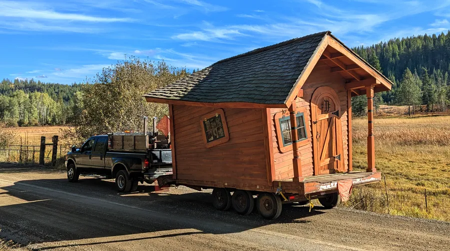 Hauling cabin to the site