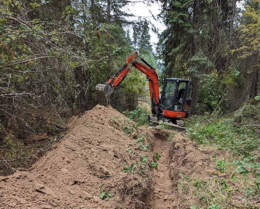 Trenching through wooded terrain